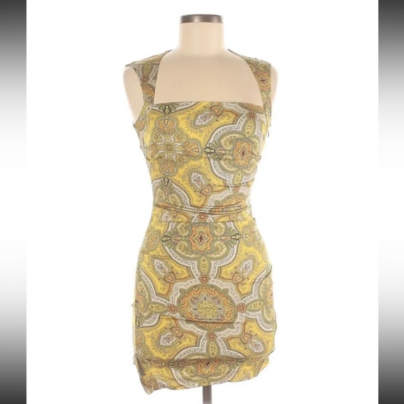 VTG Y2K Nicole Miller Collection Silk Cocktail Dress Sz 2 Square Neck Yellow - Picture 1 of 6